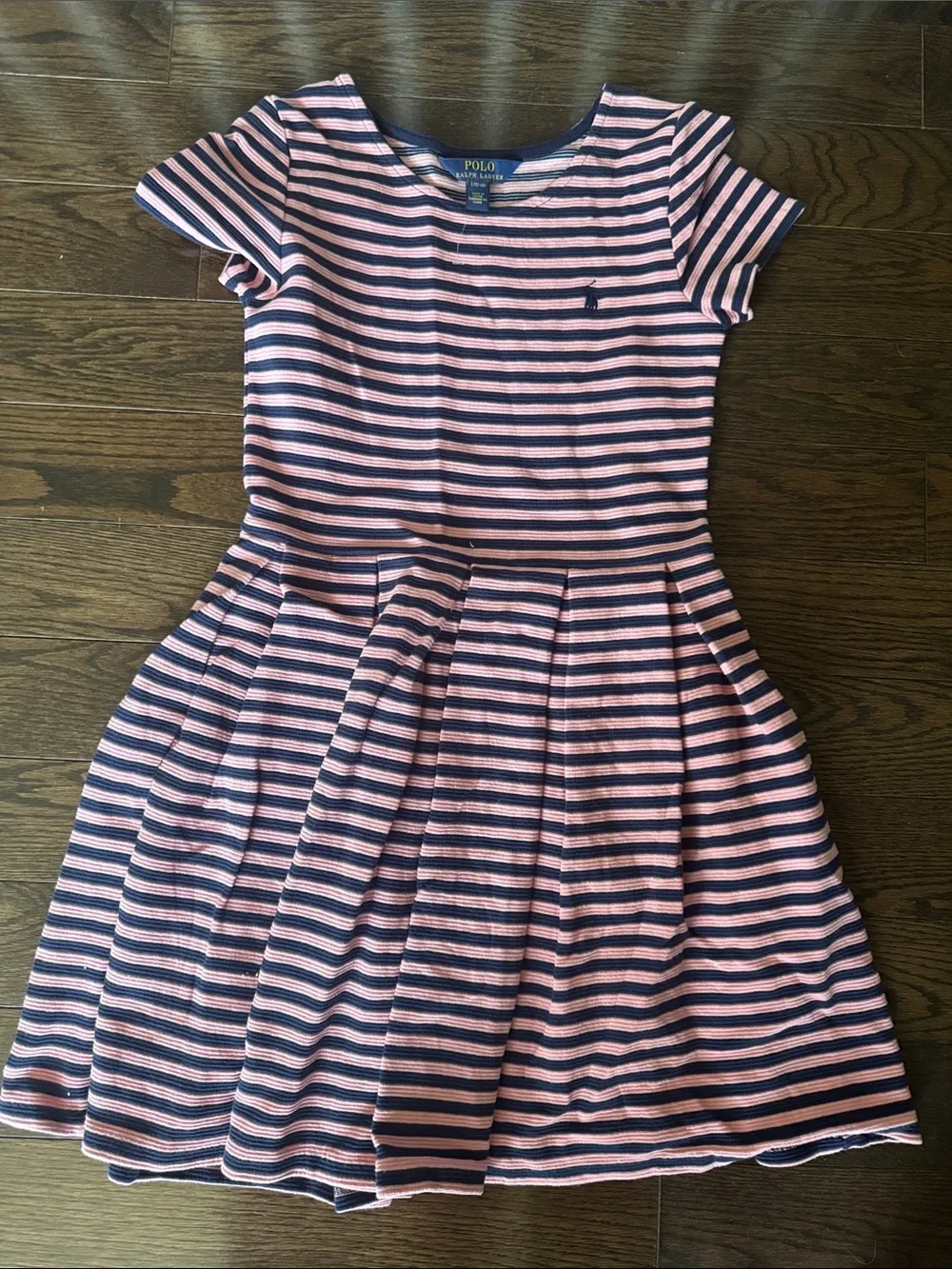 Polo by Ralph Lauren Pink and Navy Striped Knit Girls' Dress size  L (12-14)
